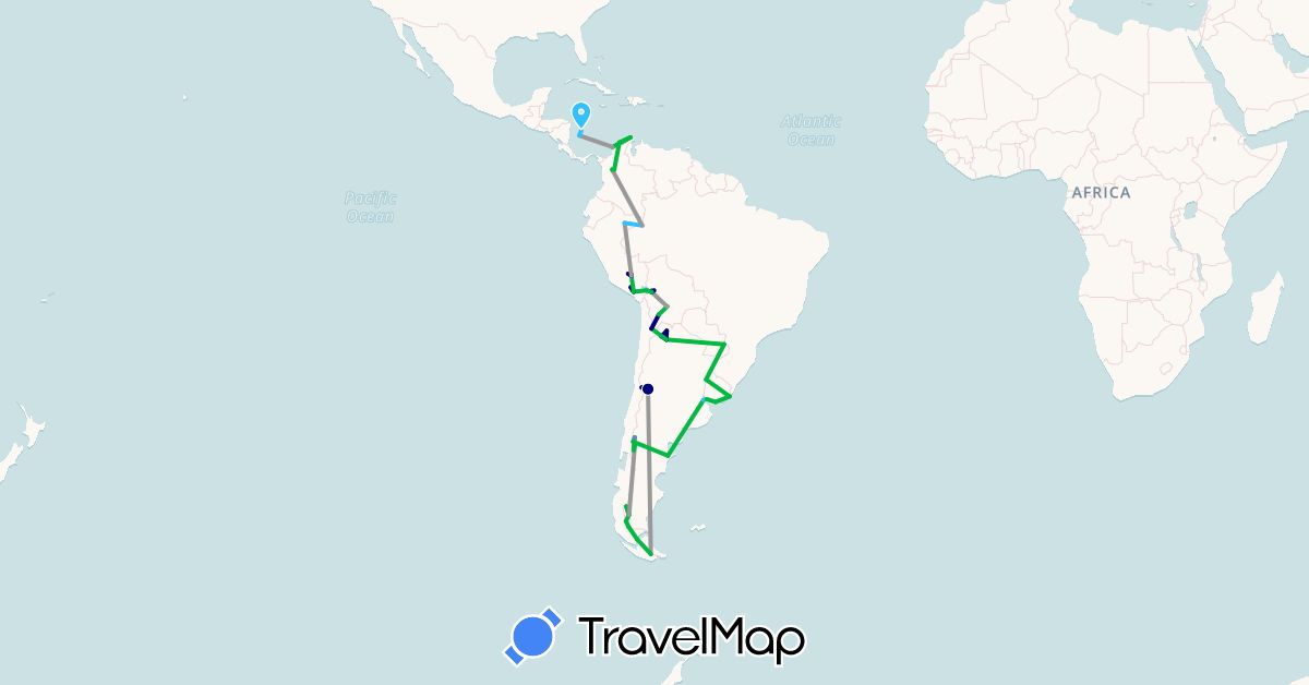 TravelMap itinerary: driving, bus, plane, cycling, train, hiking, boat in Argentina, Bolivia, Chile, Colombia, Peru, Uruguay (South America)